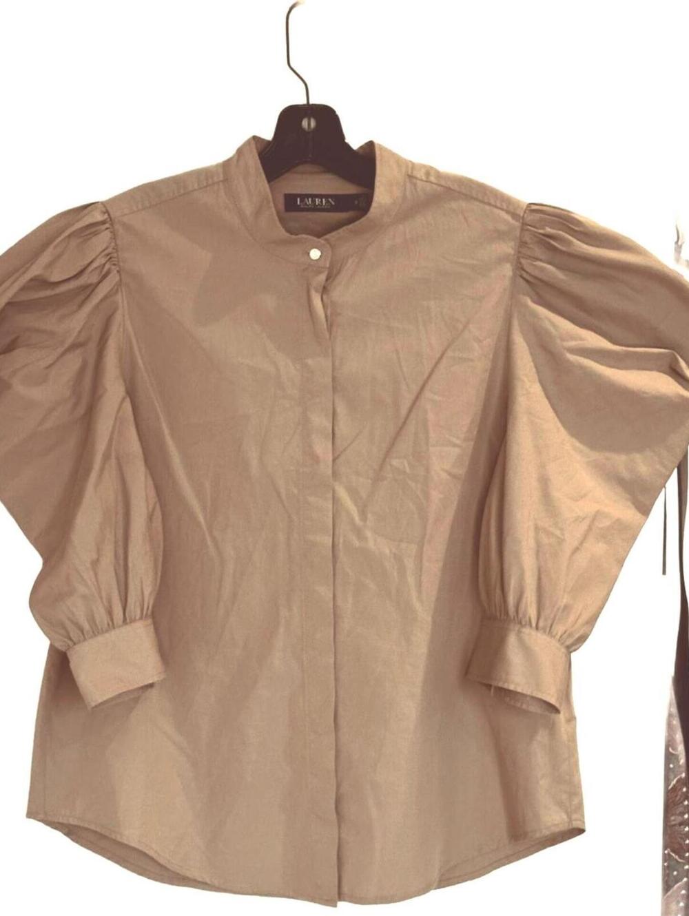Lauren Ralph Lauren Beige Short Puff Sleeve 100% Cotton Button Front Blouse - 12